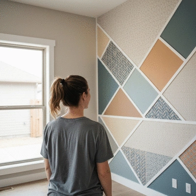 Person admiring a newly finished DIY accent wall in their home, showcasing unique textures and colors, no text, no words, no typography, clean image