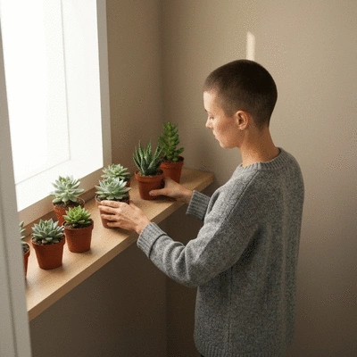 Person arranging small potted plants on a minimalist shelf in a small, well-lit room, representing Feng Shui principles