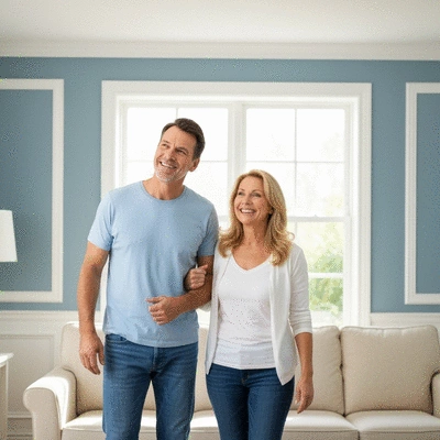 Happy couple admiring their newly painted living room