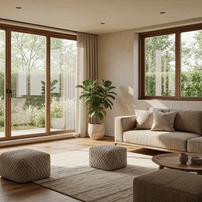 Modern living room with sustainable furniture and natural light
