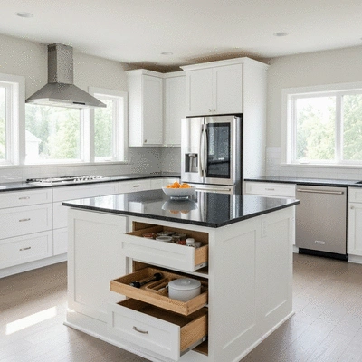 Modern kitchen renovation with new appliances and ample storage