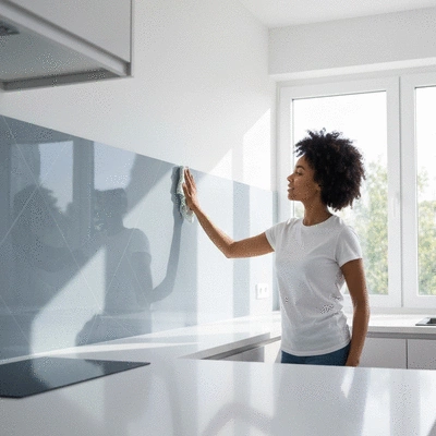 Clean kitchen with a newly installed backsplash, showing a person wiping it with a cloth