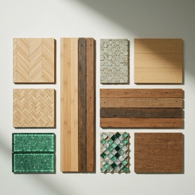 Various eco-friendly building materials like bamboo and reclaimed wood