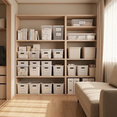Well-organized small living room with clear storage bins and labeled items, no text, no words, no typography, clean image