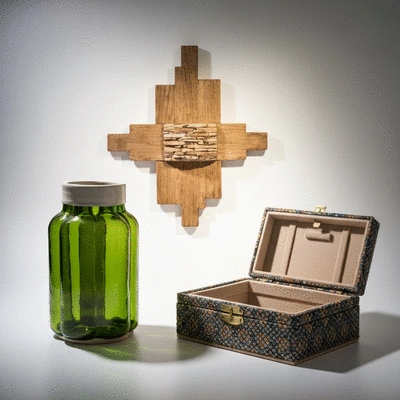 Eco-friendly home decor items like bamboo and cork, clean image, no text, no words, no typography