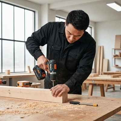Person using a cordless drill on a piece of wood in a workshop