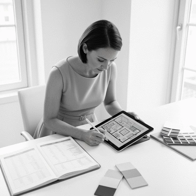 Person sketching room layout on a tablet with a budget planner nearby, showing creative planning