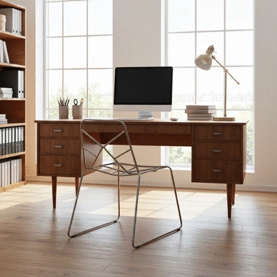 Stylish home office with a retro wooden desk and a modern minimalist chair, creating an inspiring workspace