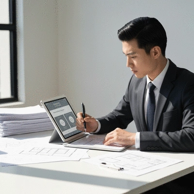 Person planning a home renovation budget with blueprints and financial documents on a table