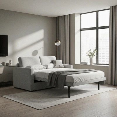 Modern sofa bed converting from couch to bed in a small, stylish living room with natural light