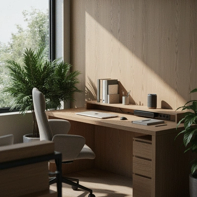 Home office with natural elements and smart technology