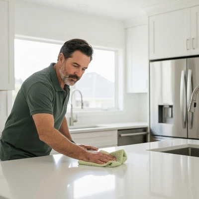 Person cleaning newly renovated kitchen counter with a cloth