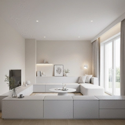 Modern living room with multi-functional furniture, light colors, and smart lighting, no text, no words, no typography, clean image