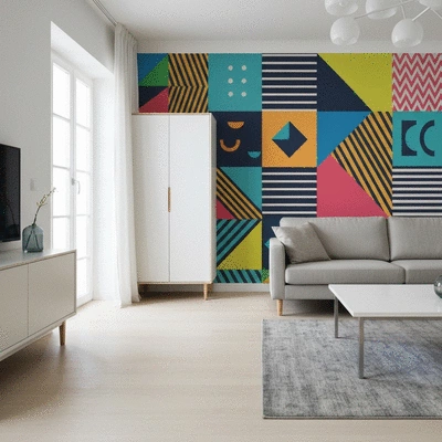 Modern living room with a striking accent wall, featuring geometric patterns and bright colors, no text, no words, no typography, clean image