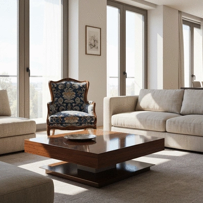 Modern living room with a vintage armchair and sleek coffee table, combining textures and styles